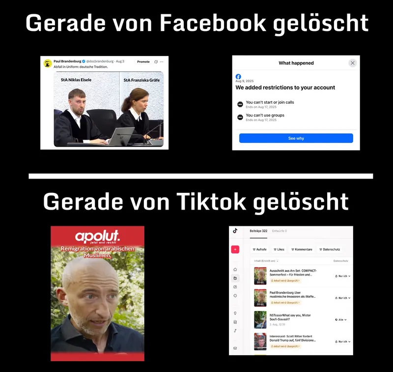 Zensur-Alltag im "EU"-Gefängnis: Tech-Faschisten Facebook & Tiktok löschen reichlich