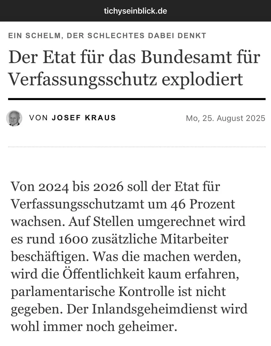 Wie in jeder Diktatur: Deutschlands Inlandsgeheimdienst („Verfassungsschutz“) wächst wie ein Krebs