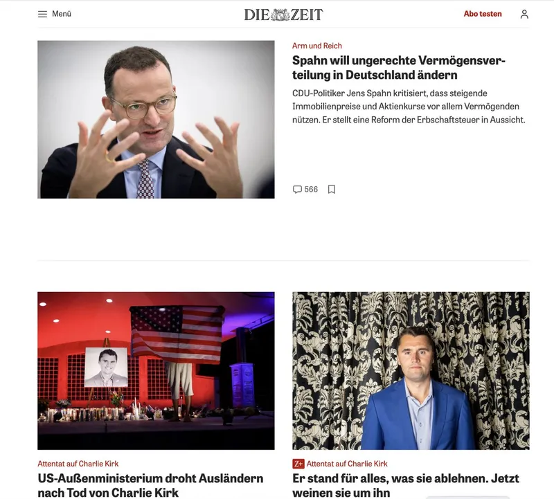 Man kann das Abfall-Papier @zeitonline nicht genug verachten: Zeitgleich bewerben sie Massenmörder @jensspahn und verhöhnen Terroropfer @charliekirk11