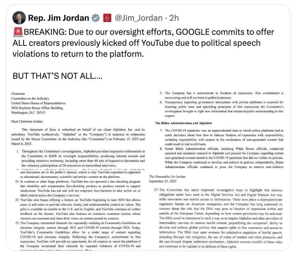 "EILMELDUNG: Aufgrund unserer Bemühungen verpflichtet sich GOOGLE, ALLEN Creators, die zuvor wegen Verstößen gegen die Richtlinien zu politischen Äußerungen von YouTube ausgeschlossen wurden, die Rückkehr auf die Plattform zu ermöglichen." - US-Justizausc