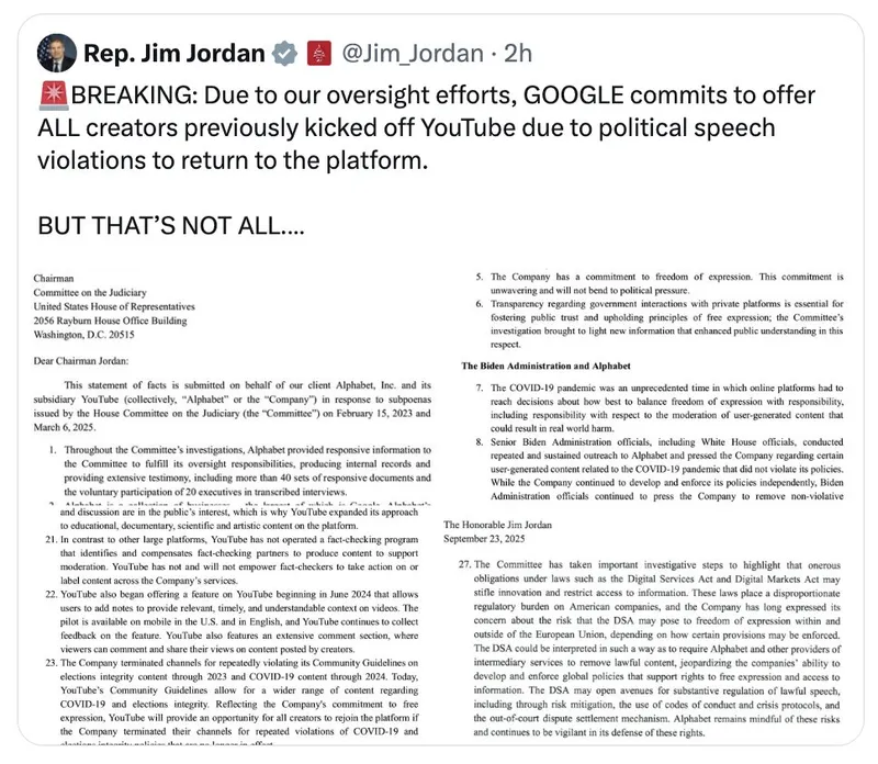 "EILMELDUNG: Aufgrund unserer Bemühungen verpflichtet sich GOOGLE, ALLEN Creators, die zuvor wegen Verstößen gegen die Richtlinien zu politischen Äußerungen von YouTube ausgeschlossen wurden, die Rückkehr auf die Plattform zu ermöglichen." - US-Justizausc