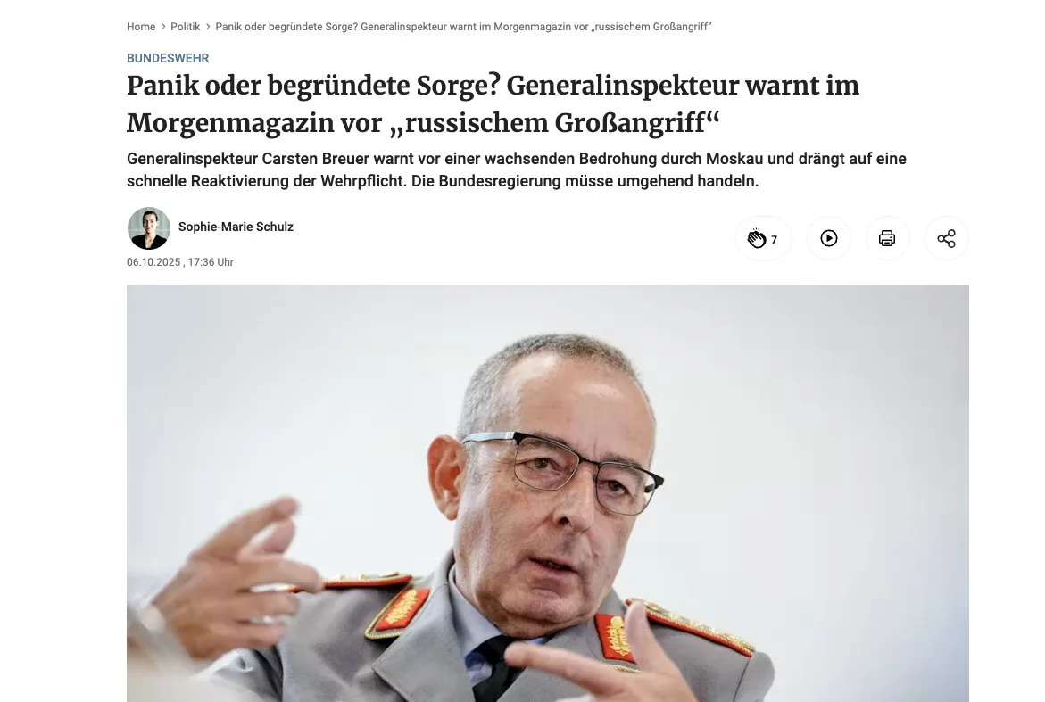 Oberster Bundeswehrgeneral fabuliert von  "russischem Großangriff". Deutschlands Regime hat alle Hemmungen verloren. Es muss um jeden Preis unschädlich gemacht werden.
