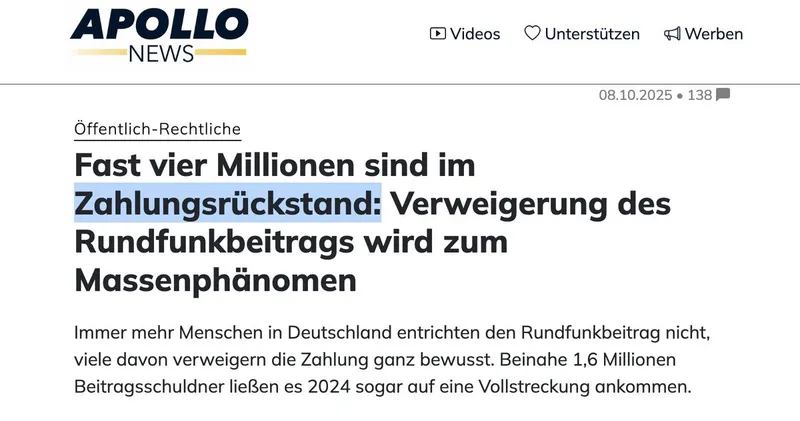 "Rückstand" ? Der Regimefunk darf keinen Cent mehr bekommen - wie auch der sonstige Terrorapparat.
