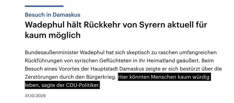 "Untertanen! Es ist völlig klar: Ihr müsst auch das Geld für Syriens Wiederaufbau aufbringen, bevor wir irgendwen zurückschicken"