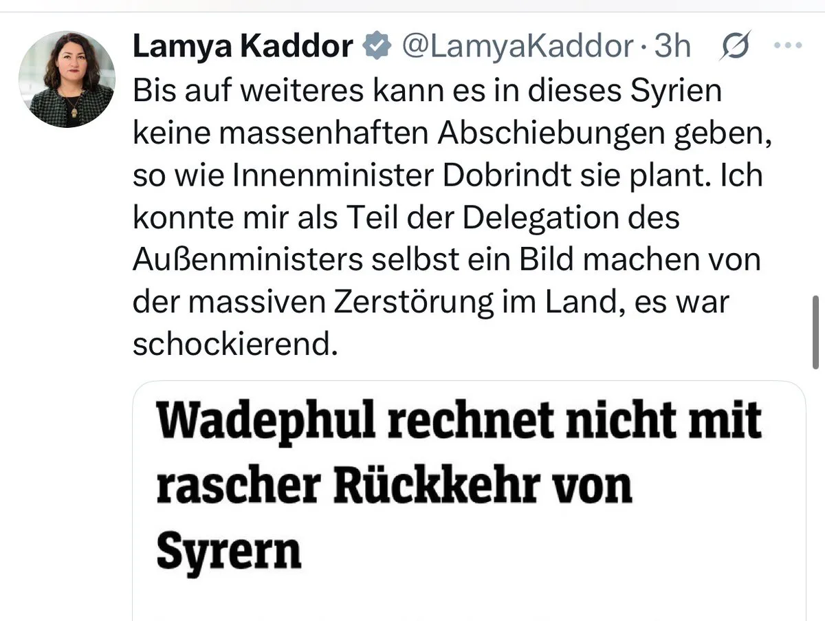 Untertanen! Eure arabischstämmige „Grüne“ &“Islamwissenschaftlerin“ (und Steuerfresserin) bestätigt Euch: Ihr müsst den „Wiederaufbau“ Syriens schon bezahlen, bevor ihre Brüder und Schwestern überhaupt nur an Rückkehr denken können ?
