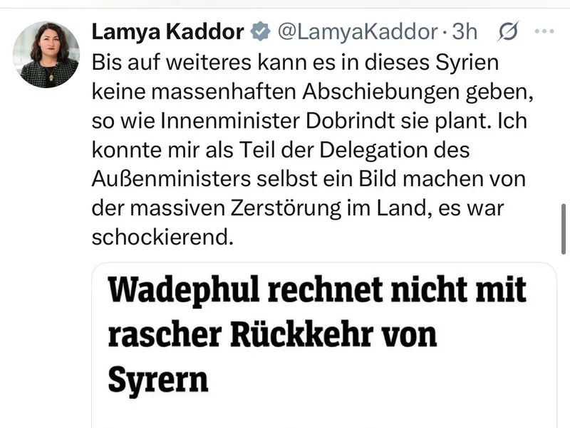 Untertanen! Eure arabischstämmige „Grüne“ &“Islamwissenschaftlerin“ (und Steuerfresserin) bestätigt Euch: Ihr müsst den „Wiederaufbau“ Syriens schon bezahlen, bevor ihre Brüder und Schwestern überhaupt nur an Rückkehr denken können ?
