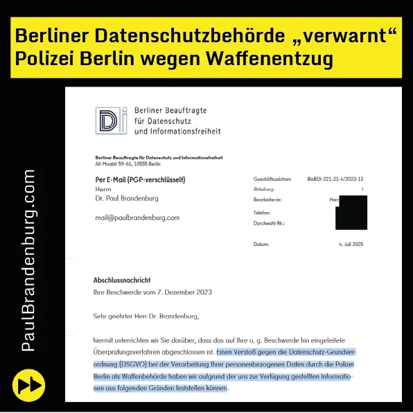 Berliner Datenschutzbehörde „verwarnt“ Polizei Berlin wegen Waffenentzug