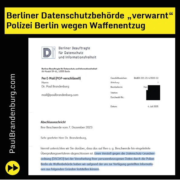 Berliner Datenschutzbehörde „verwarnt“ Polizei Berlin wegen Waffenentzug