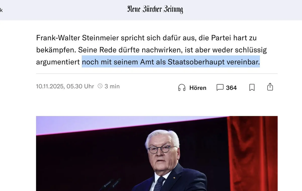Selbst NATO-Kampfblatt "NZZ" muss eingestehen: Faschist Frank Steinmeier "nicht vereinbar" mit Amt des Bundespräsidenten. Deutschland kann kein Rechtsstaat sein, solange diese Kreatur auf freiem Fuss ist.
