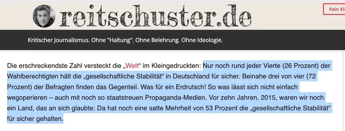 Potzblitz: Die Insassen des Unrechtsstaates "BRD" glauben nicht mehr an dessen Stabilität. Damit sind 75% der Deutschen "rechtsextrem". Was wohl der "Verfassungsschutz" dagegen unternimmt?