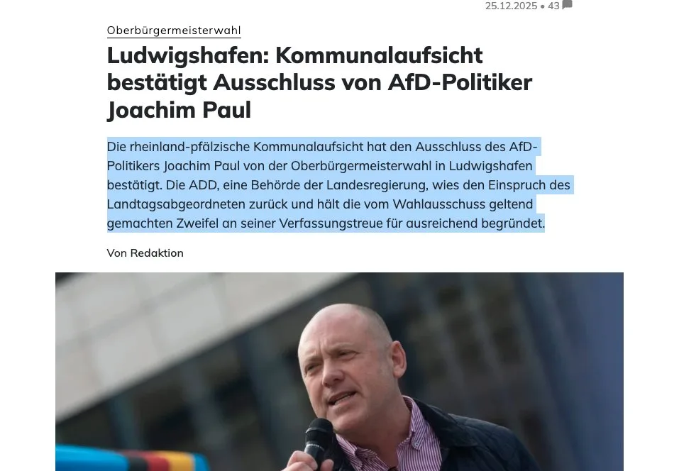 Germany's Regime Just "Confirmed" the "Correctness" of Excluding an Opposition Candidate from a Mayoral Election