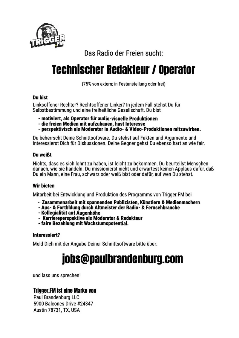 Trigger.FM sucht: Technischer Redakteur / Operator