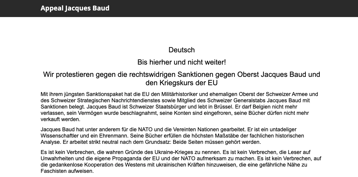 Bis hierher und nicht weiter! Wir protestieren gegen die rechtswidrigen Sanktionen gegen Oberst Jacques Baud und den Kriegskurs der EU