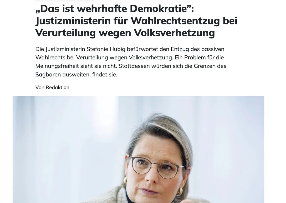 Germany's Justice Minister supports revocation of voting rights for "hate criminals"