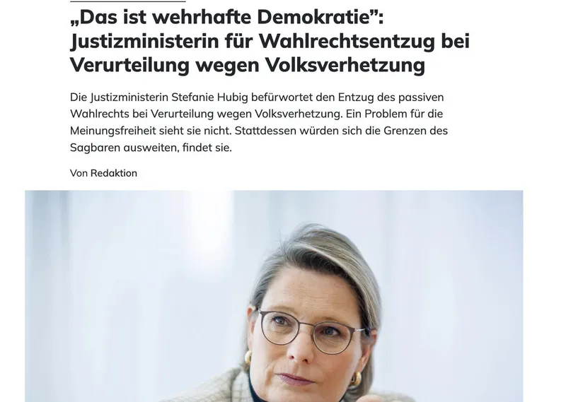 Germany's Justice Minister supports revocation of voting rights for "hate criminals"