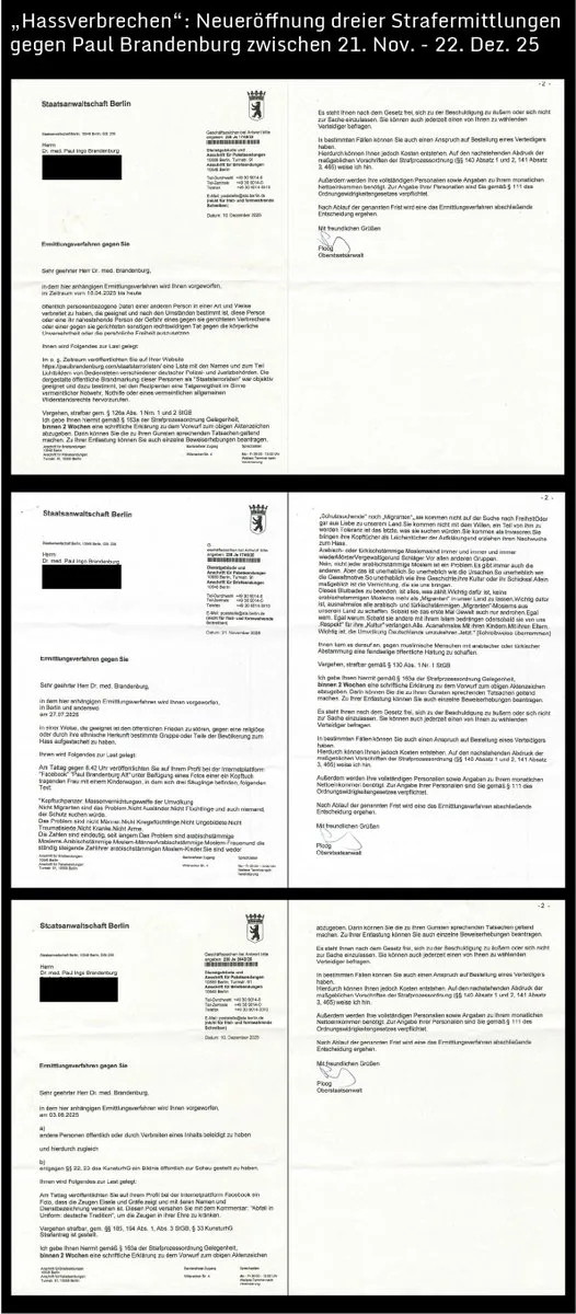 „Hassverbrechen“: Neuröffnung dreier Strafermittlungen gegen Paul Brandenburg zwischen 21. Nov. - 22. Dez. 25