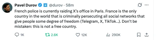 Pavel Durov auf X: "Die französische Polizei führt derzeit eine Razzia in den Büroräumen von X in Paris durch."