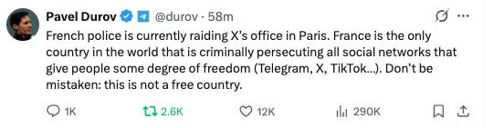 Pavel Durov auf X: "Die französische Polizei führt derzeit eine Razzia in den Büroräumen von X in Paris durch."