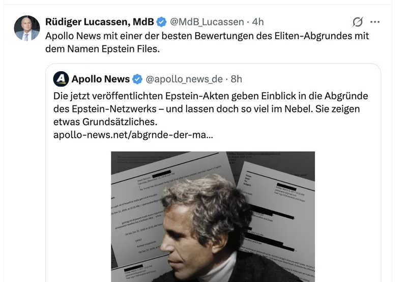 Entlarvend: Atombomben-Irrer der @AfD, @MdB_Lucassen, gratuliert "Apollo" zum völligen Verschweigen der Mossad-Verstrickung von Jeffrey Epstein. Wer die wohl alle bezahlt?